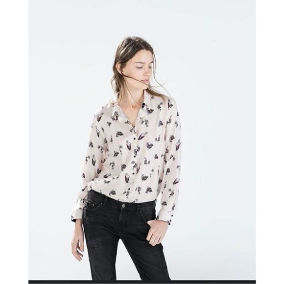 Zara xs bird print button front long sleeve top - Picture 1 of 7